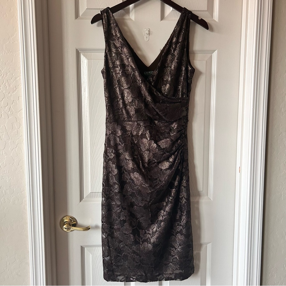 Lauren Ralph Lauren Metallic Floral Lace Sheath Dress Brown Gold Size 10